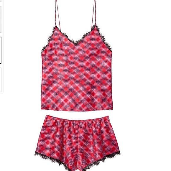 NWT Victoria’s Secret 2 Pc M L XL LUXE SATIN Stretch Lace Back Cami Set Plaid - Picture 3 of 4